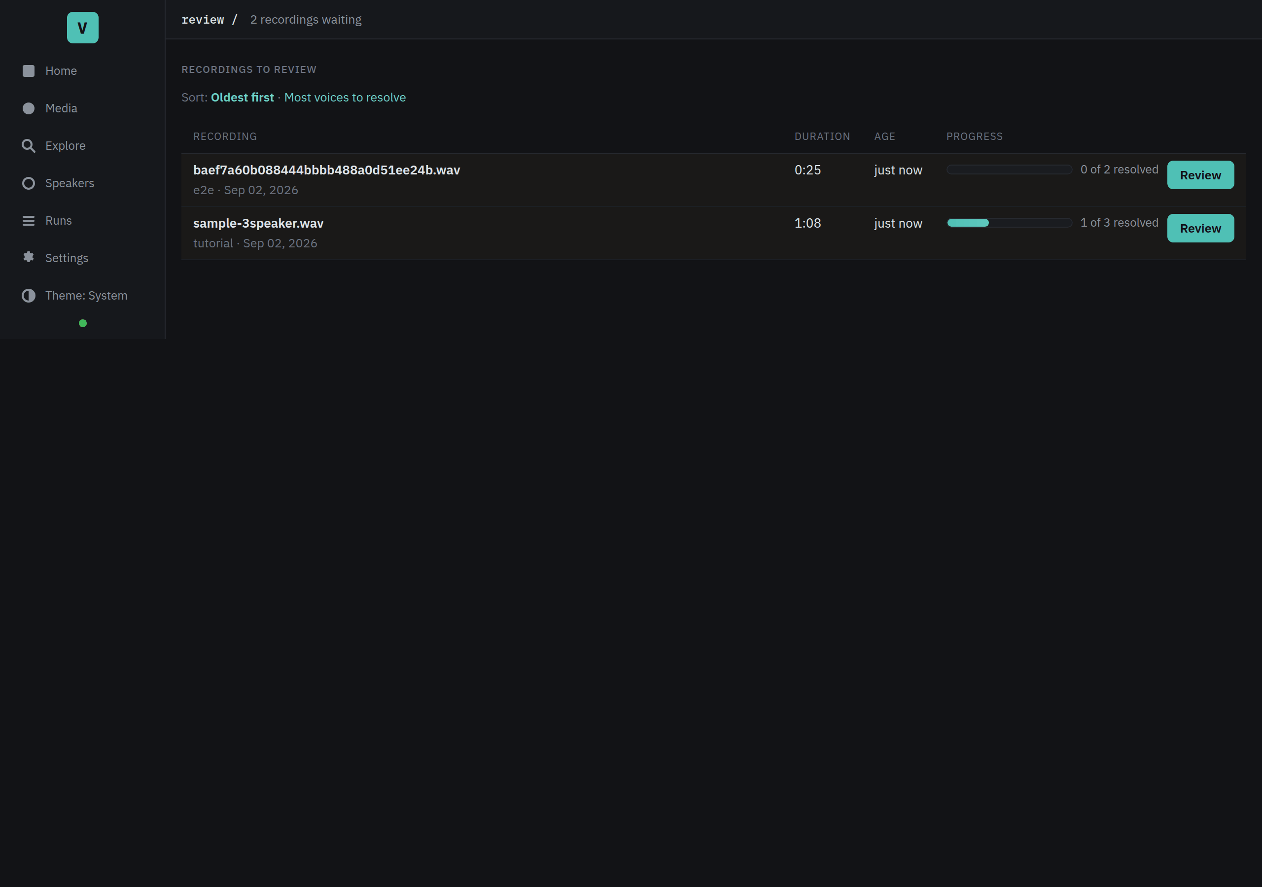The Voxint adjudication queue: a table of completed runs, each row showing a
recording name with its folder and date, duration, age, a progress bar reading
"N of M resolved," and a Review button.