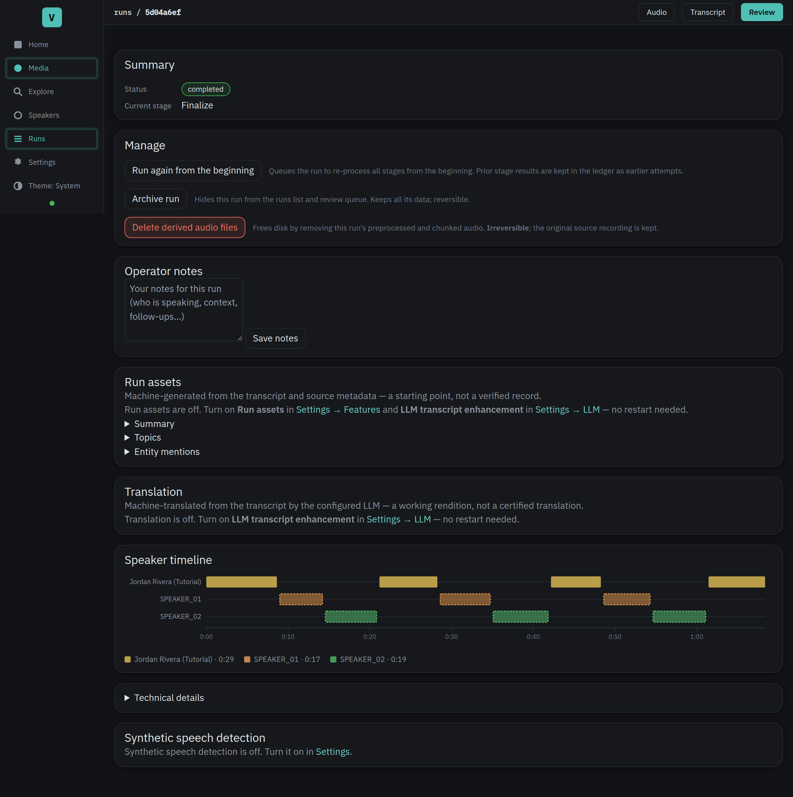 A run's detail page with a summary card first, showing status, current stage, and the primary action. Manage, notes, run assets, and the speaker timeline follow, with a collapsed Technical details section holding the stage ledger.