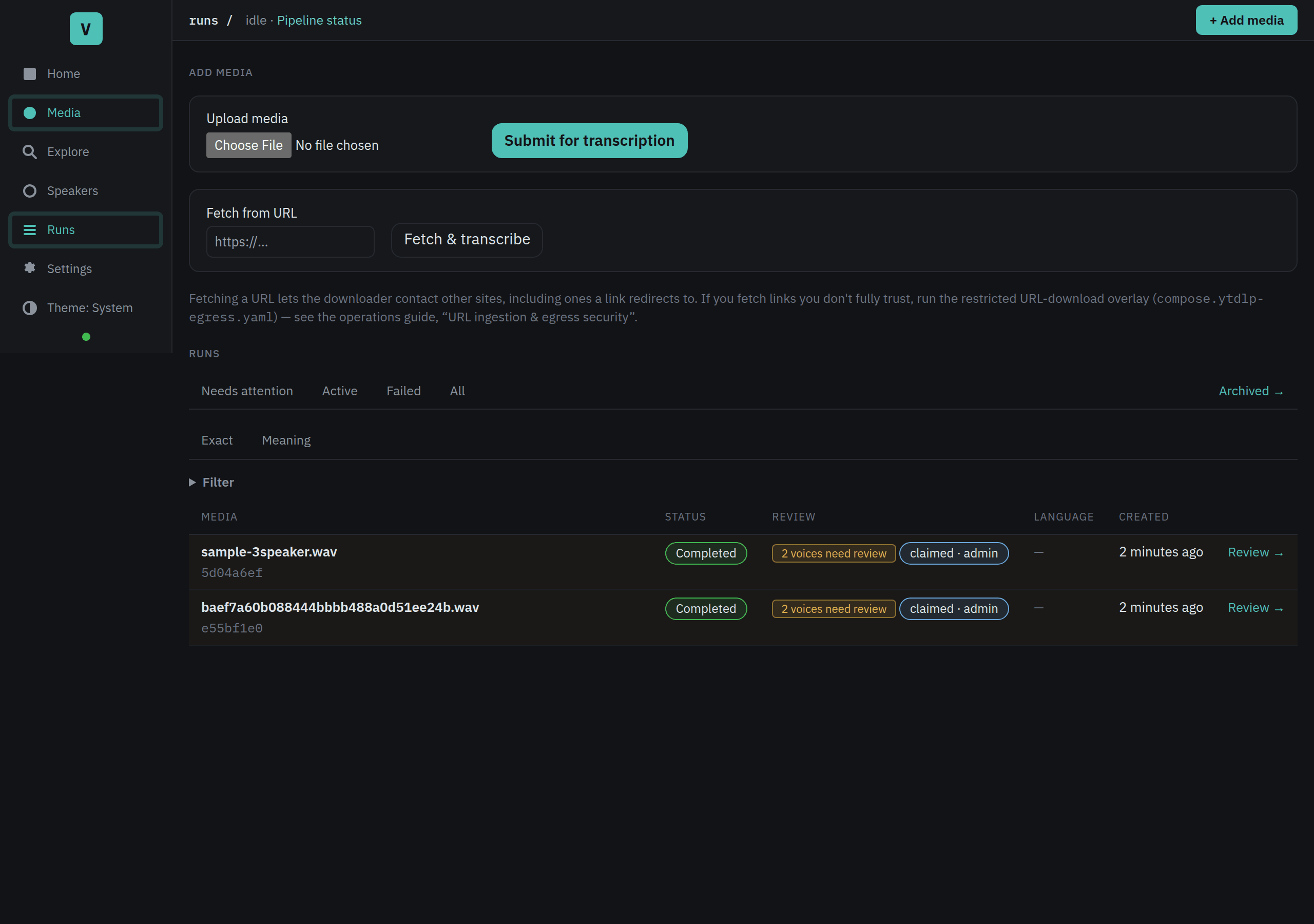 The Runs page with Needs attention, Active, Failed, and All tabs, a collapsed Filter, and title-first rows with a short run ID underneath. When the Media library is off, Upload media and Fetch from URL boxes appear at the top.