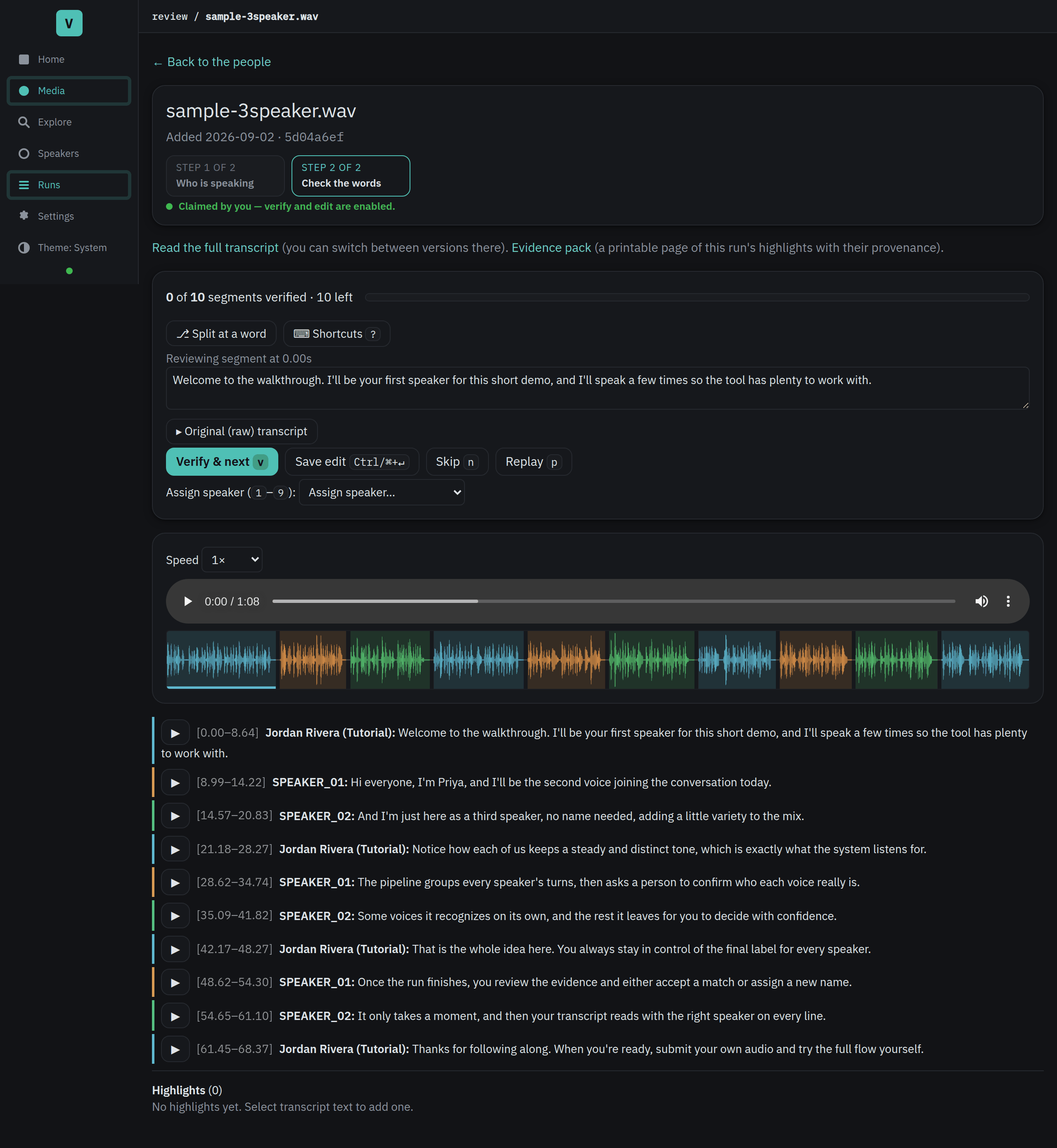 The transcript review page: a stepper with a verify-and-advance count, an edit
box for the current line, a colored per-speaker waveform strip under the audio
player, and transcript lines with dashed "uncertain" chips on the low-confidence
ones.